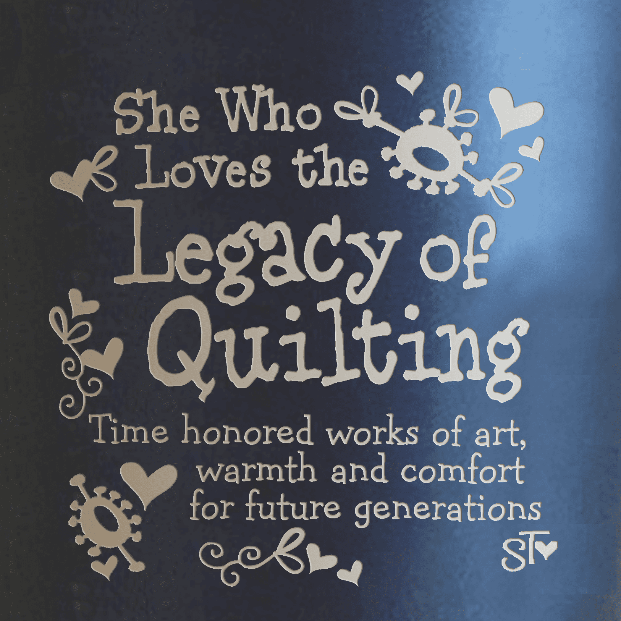 Blue tumbler wrap with “Legacy of Quilting” quote and quilting motifs