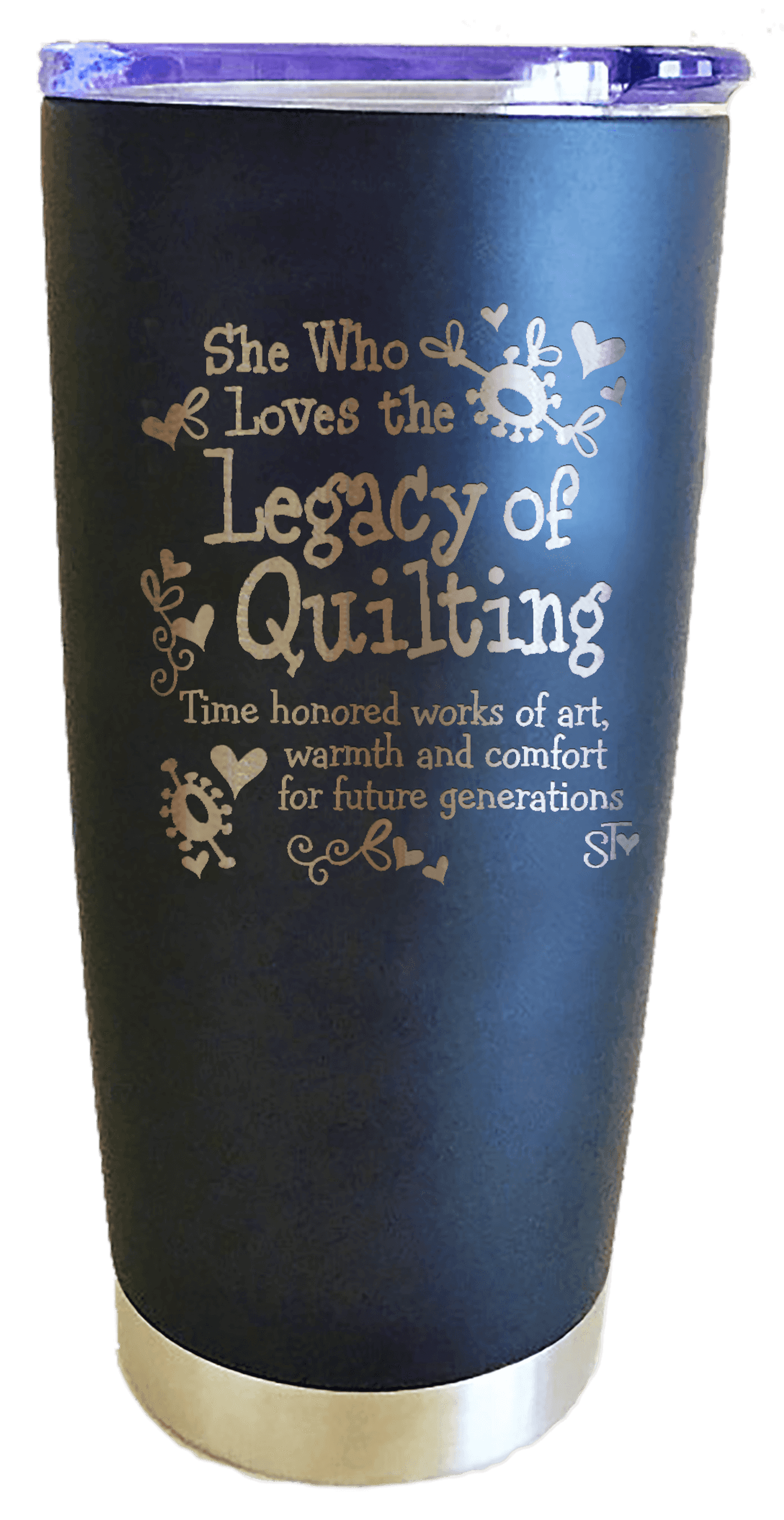Blue-black tumbler with “Legacy of Quilting” design and cream bottom