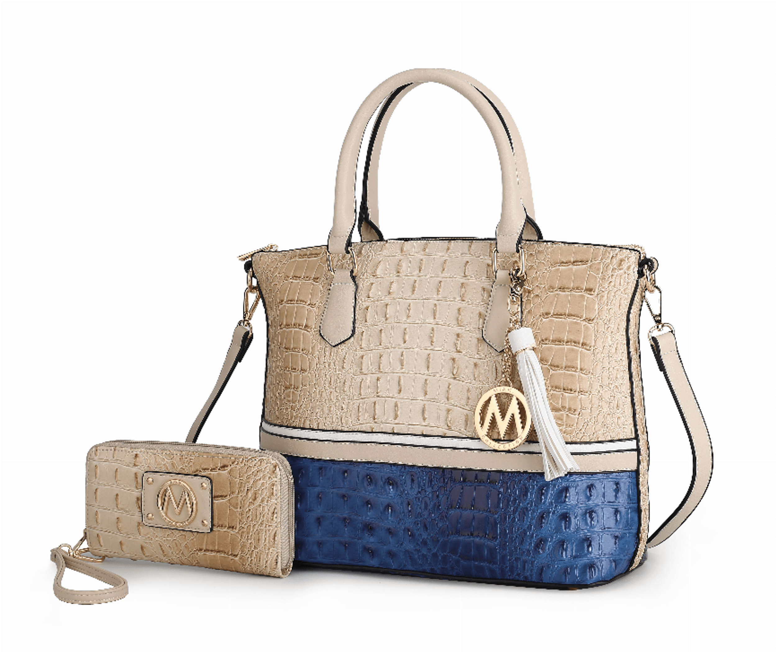 Crocodile-texture tote bag with detachable wallet, beige and blue color block, top handles