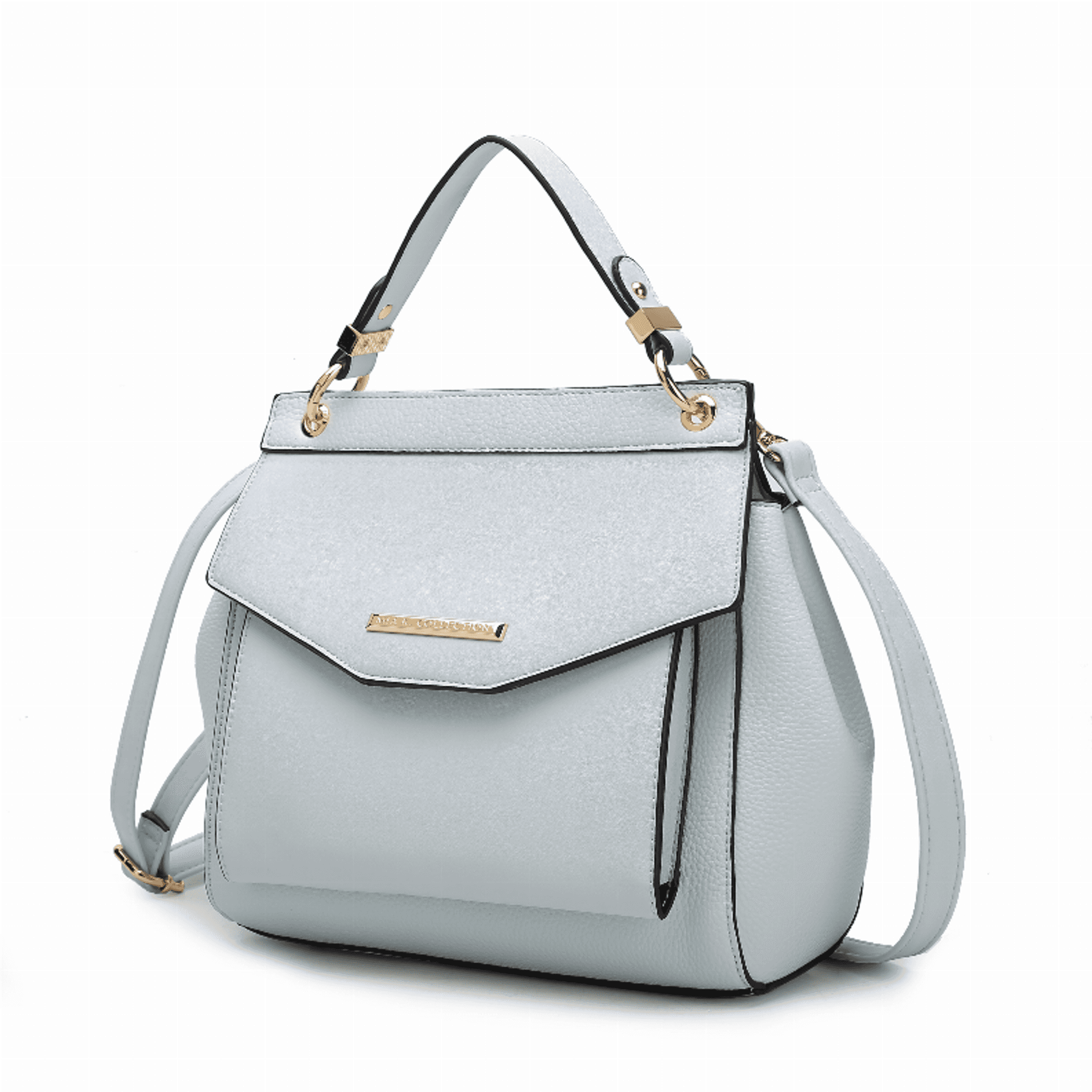 Light blue women's 3-in-1 backpack with top handle, flap front pocket, and side zip