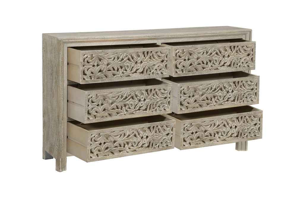 57" Gray Solid Wood Six Drawer Dresser