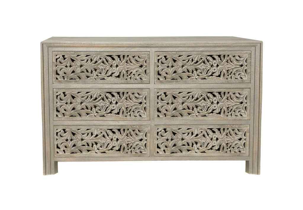 57" Gray Solid Wood Six Drawer Dresser
