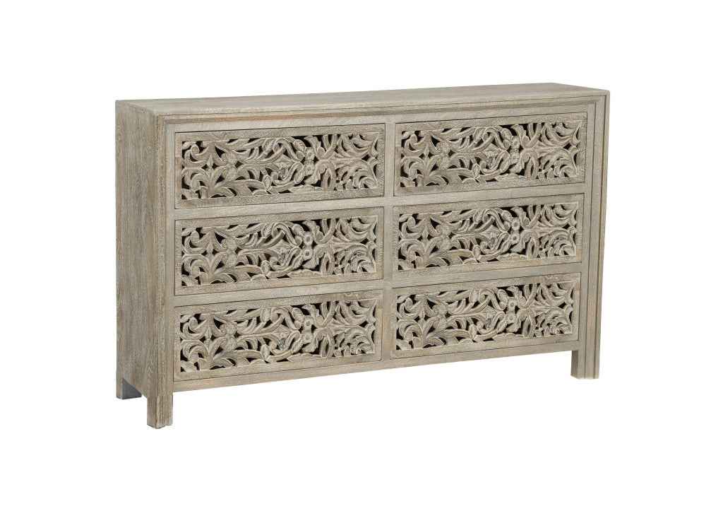 57" Gray Solid Wood Six Drawer Dresser