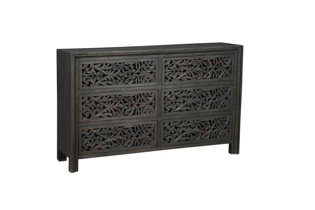 57" Black Solid Wood Six Drawer Dresser