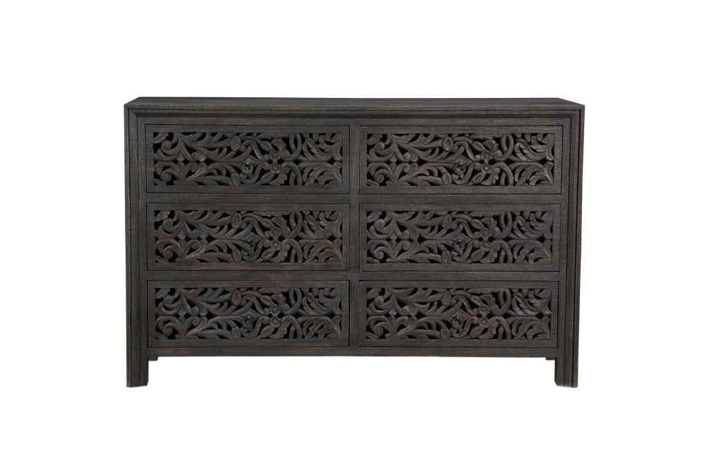 57" Black Solid Wood Six Drawer Dresser