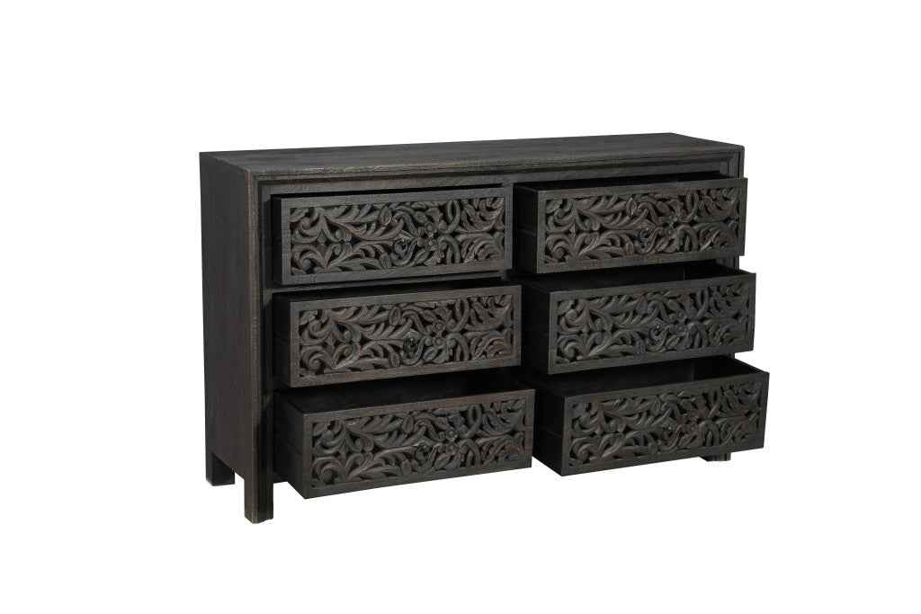 57" Black Solid Wood Six Drawer Dresser