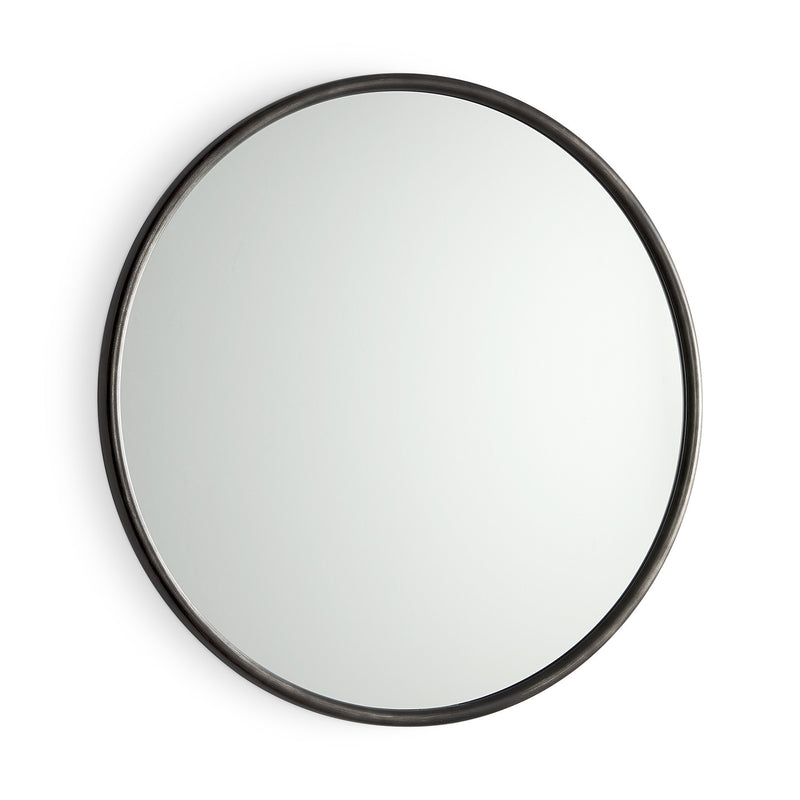 Round mirror with black metal frame and reflective glass surface