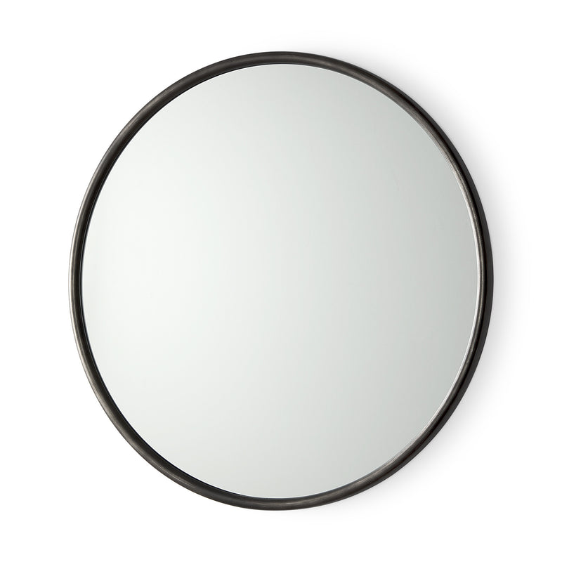 Round black metal framed mirror with reflective glass surface