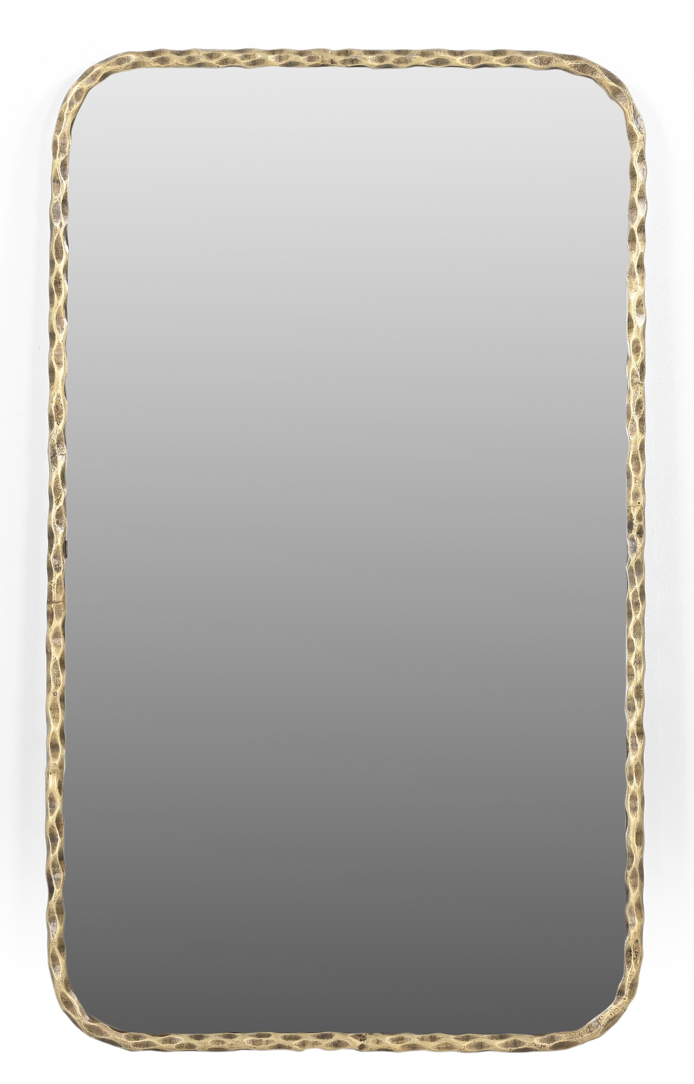 Rectangular accent mirror with hammered gold-tone brass iron frame, dark glass