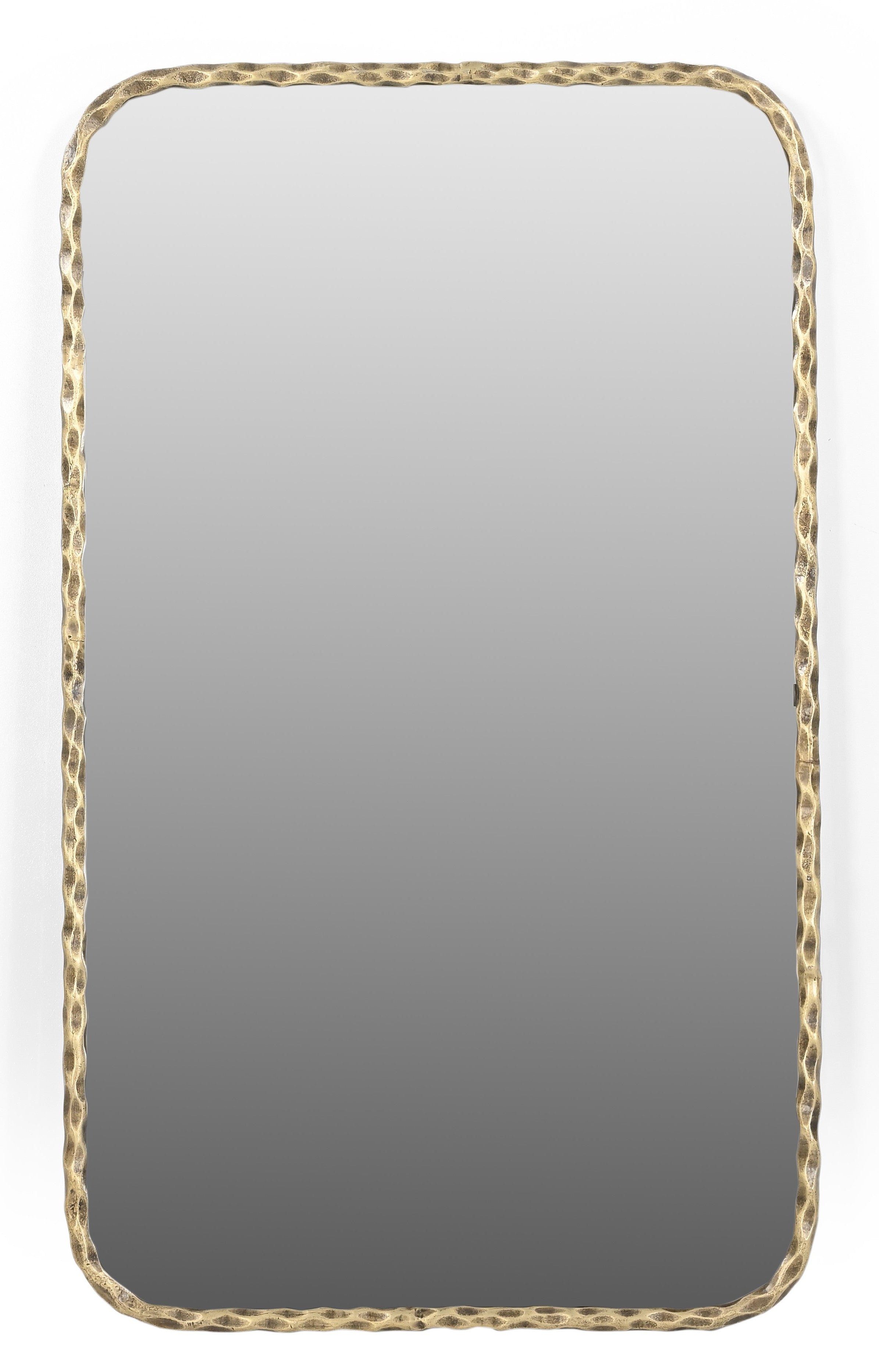 Rectangular accent mirror with hammered gold-tone brass iron frame, clear-to-gray reflection