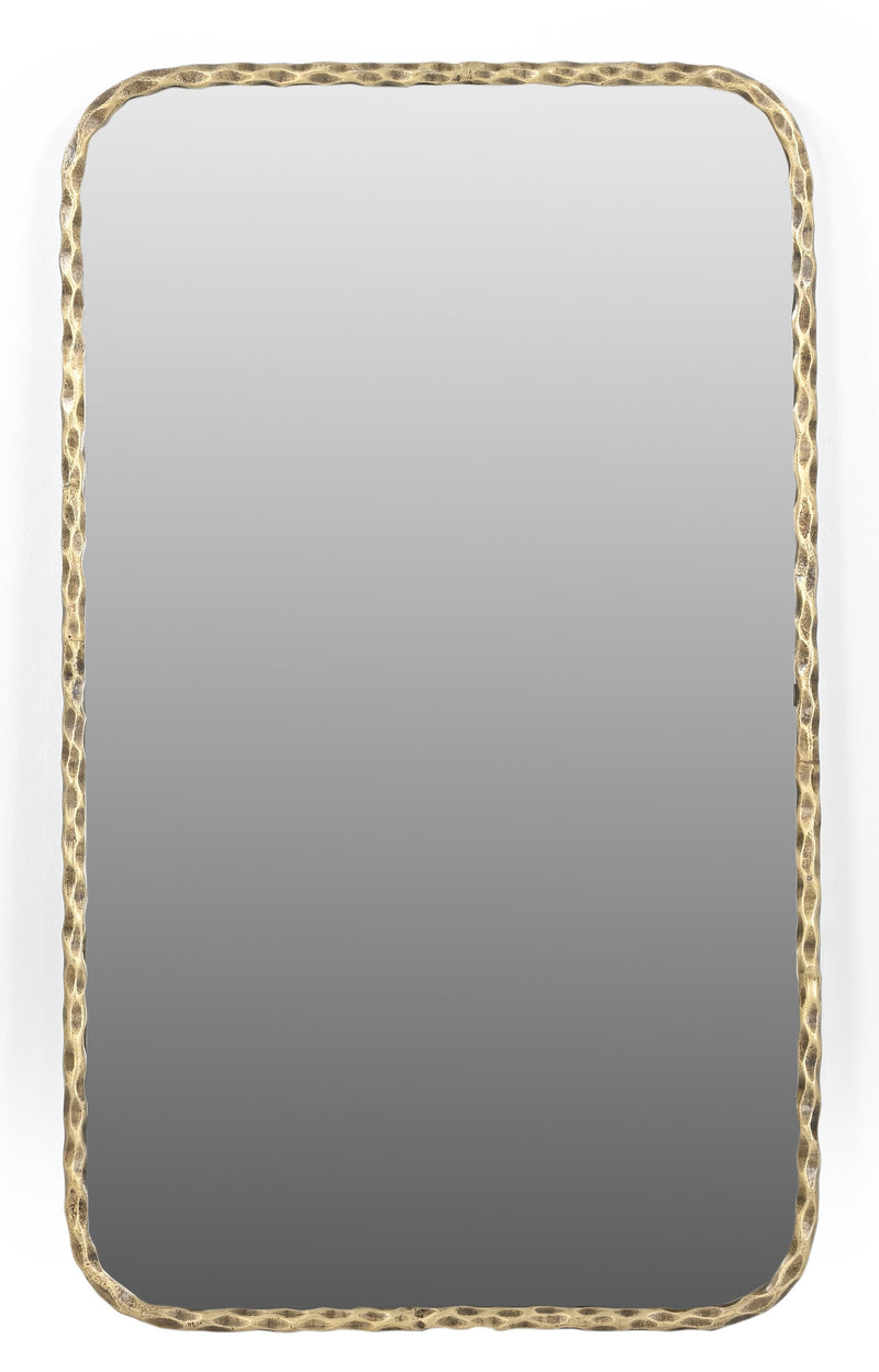 Rectangular accent mirror with hammered gold-tone brass iron frame, clear-to-gray reflection