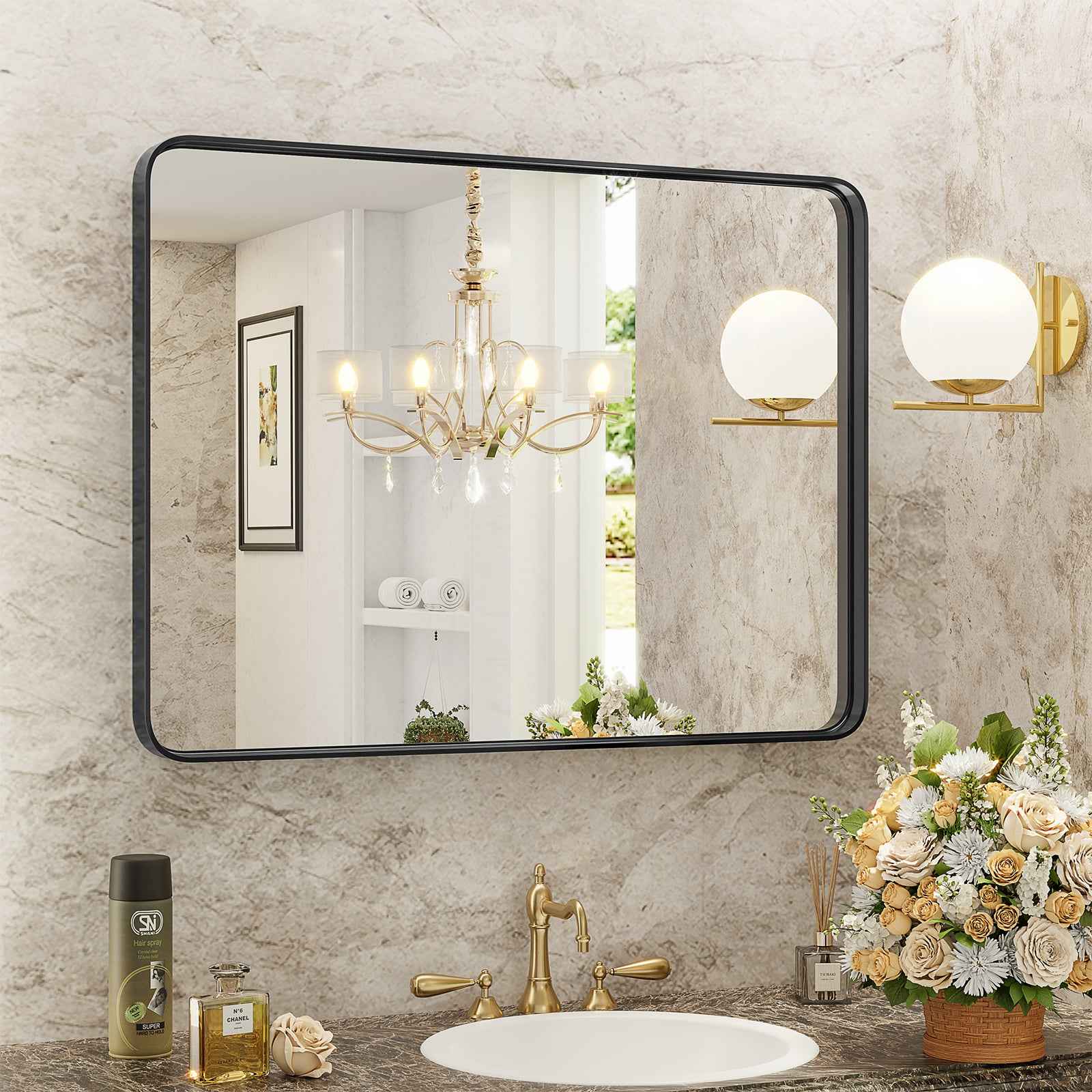 39" Black Metal Floating Framed Bathroom Vanity Mirror