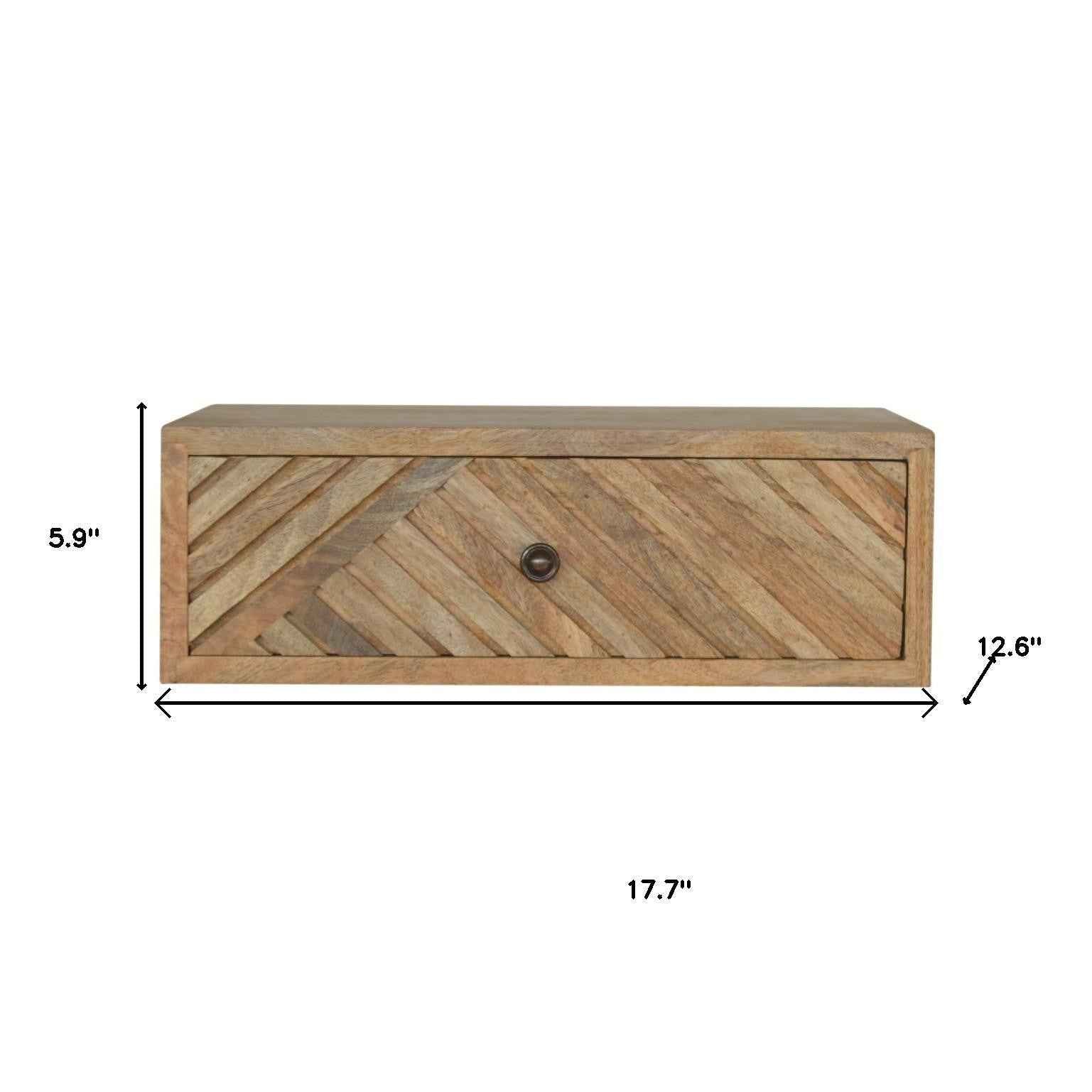 18" Natural Solid Wood Carved Geometric One Drawer Floating Nightstand