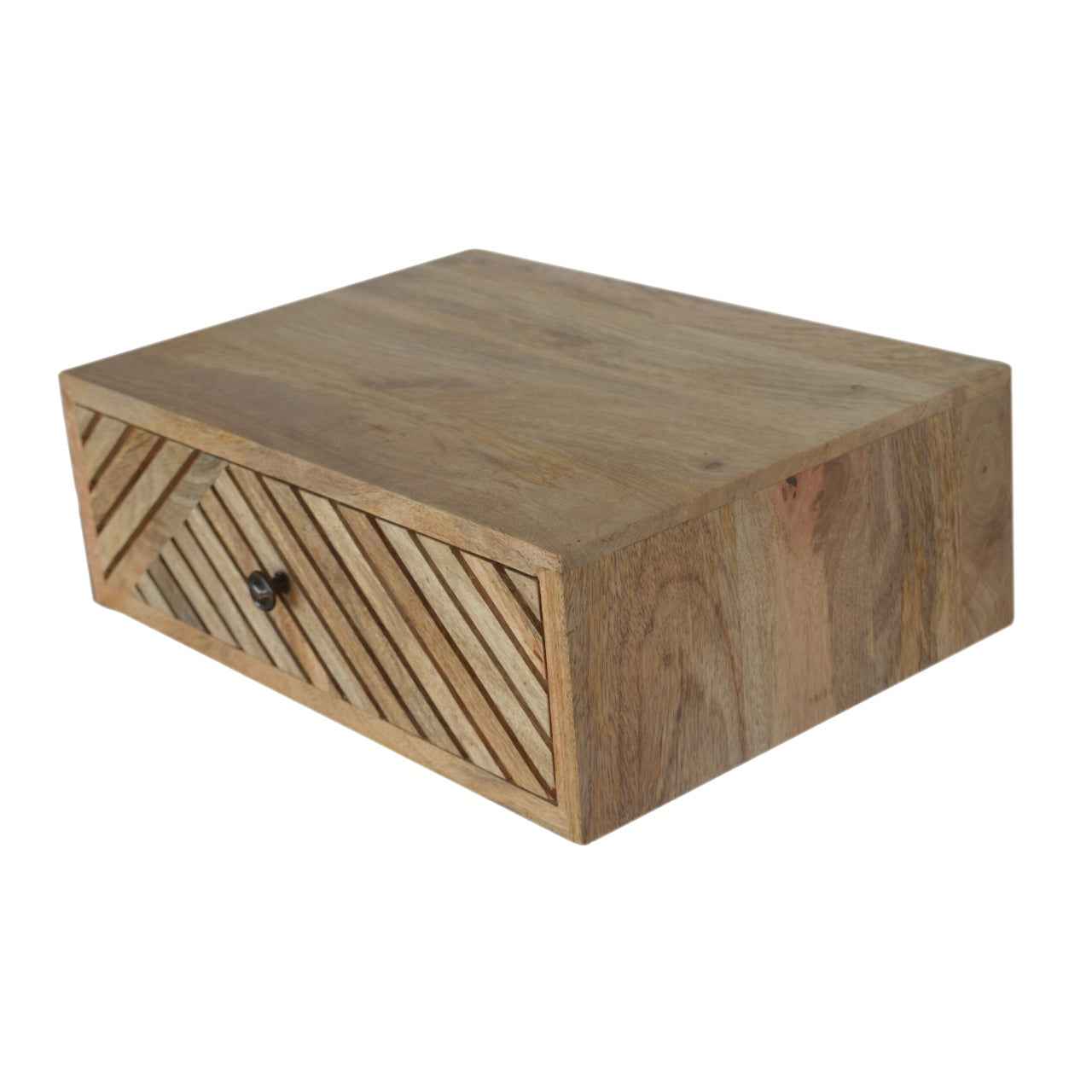 18" Natural Solid Wood Carved Geometric One Drawer Floating Nightstand