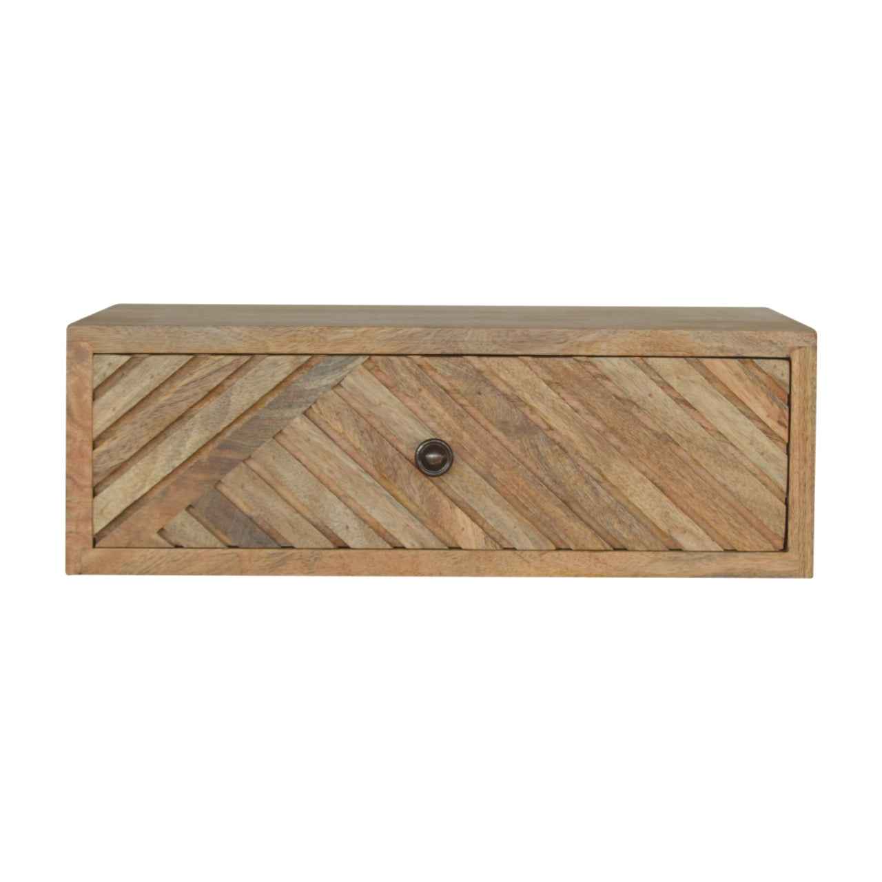 18" Natural Solid Wood Carved Geometric One Drawer Floating Nightstand