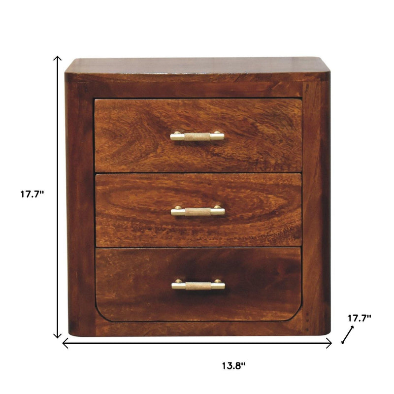 18" Brown Solid Wood Three Drawer Nightstand