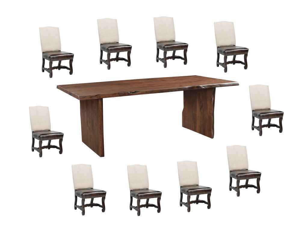11 Piece Brown Solid Wood Dining Set with 10