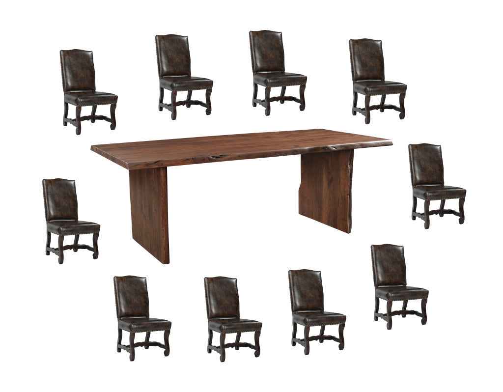 11 Piece Brown Solid Wood Dining Set with 10