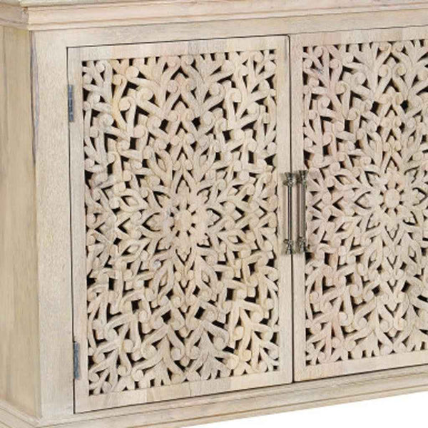 72" White Solid Wood Carved Floral Sideboard with Three Doors