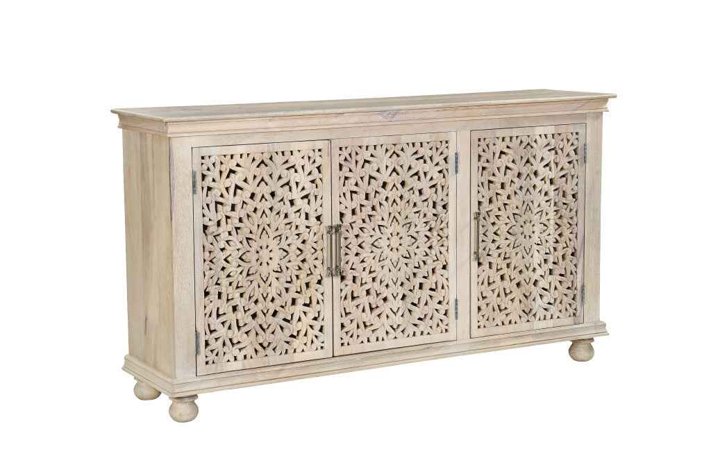 72" White Solid Wood Carved Floral Sideboard with Three Doors