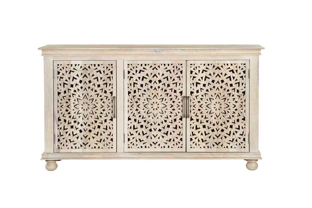 72" White Solid Wood Carved Floral Sideboard with Three Doors