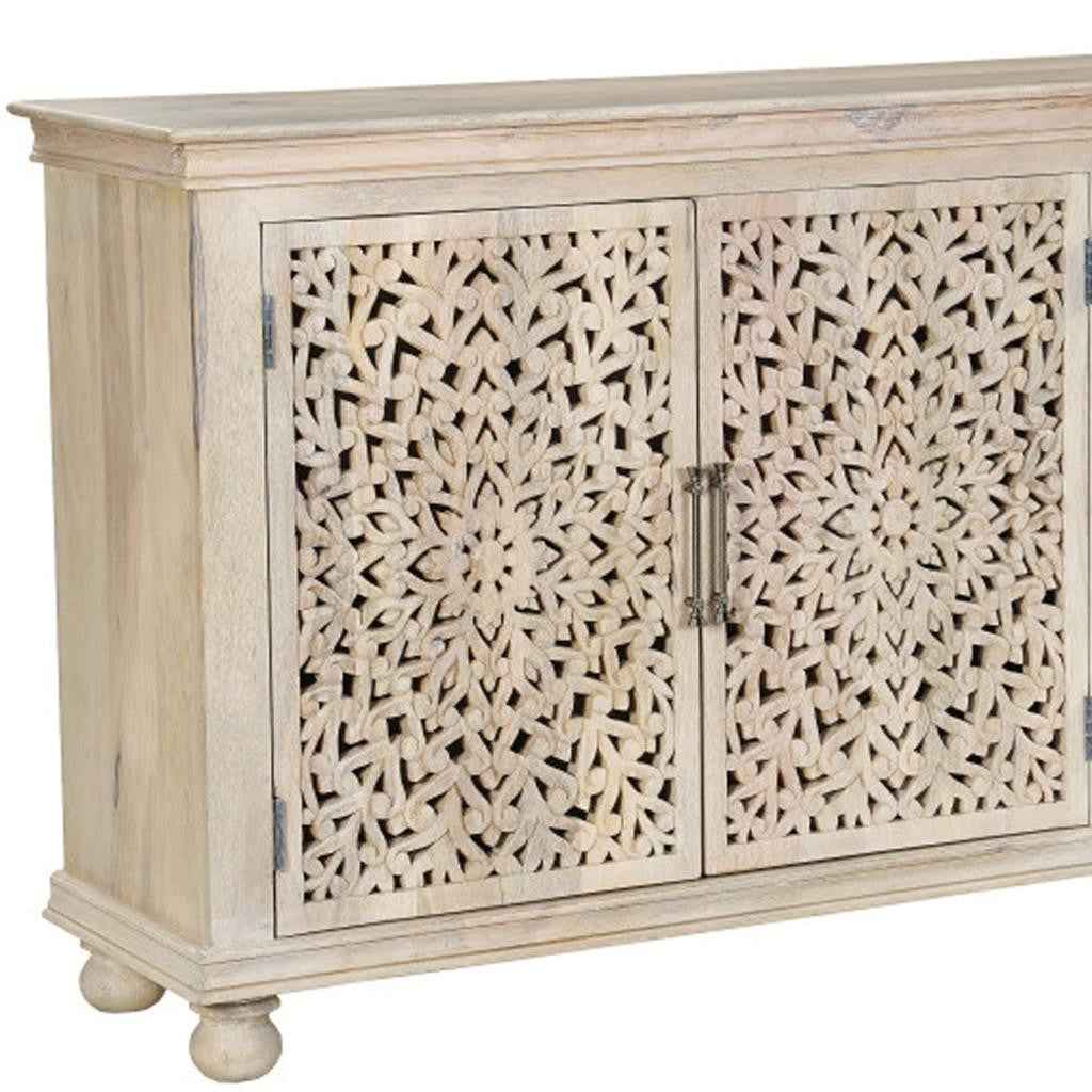 72" White Solid Wood Carved Floral Sideboard with Three Doors