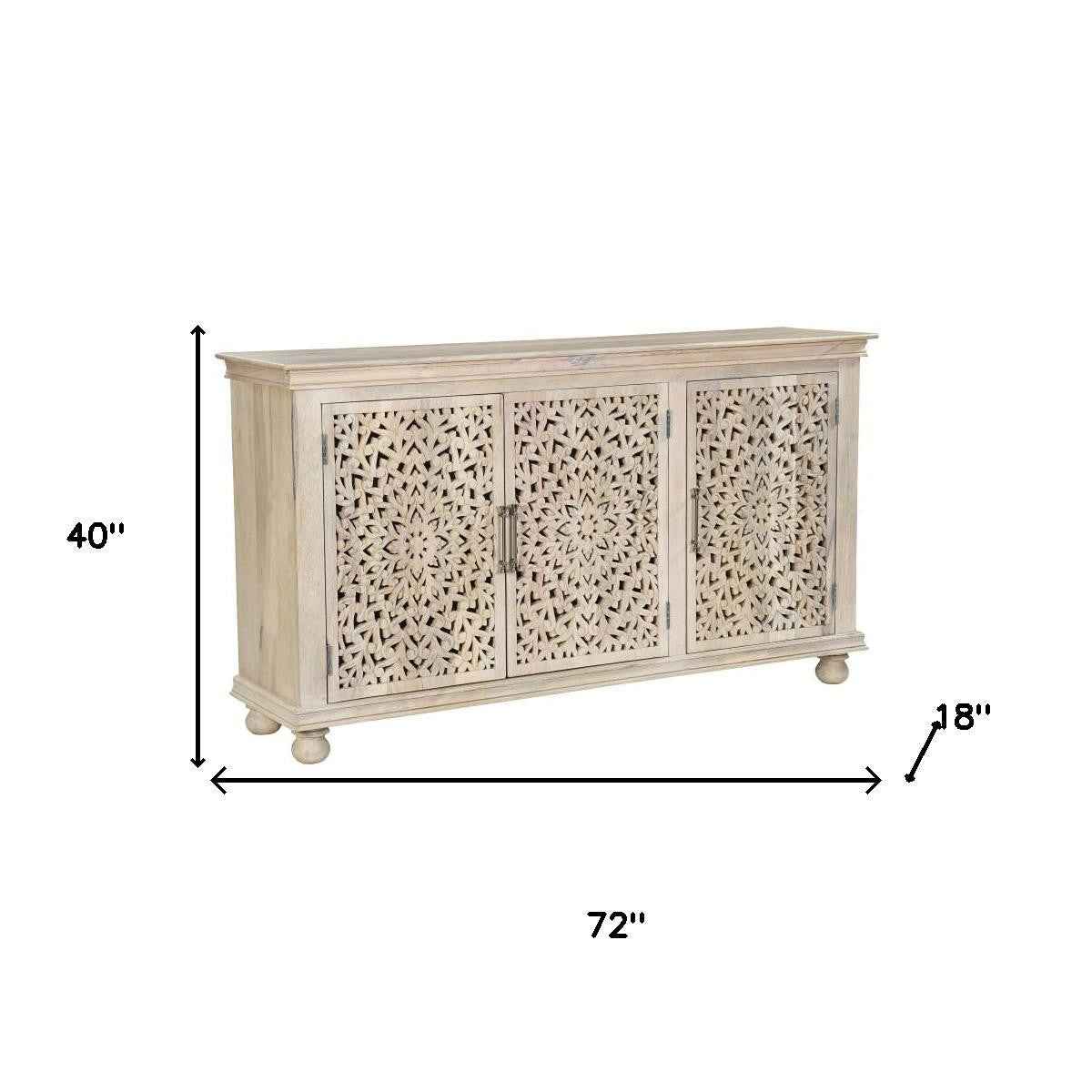 72" White Solid Wood Carved Floral Sideboard with Three Doors