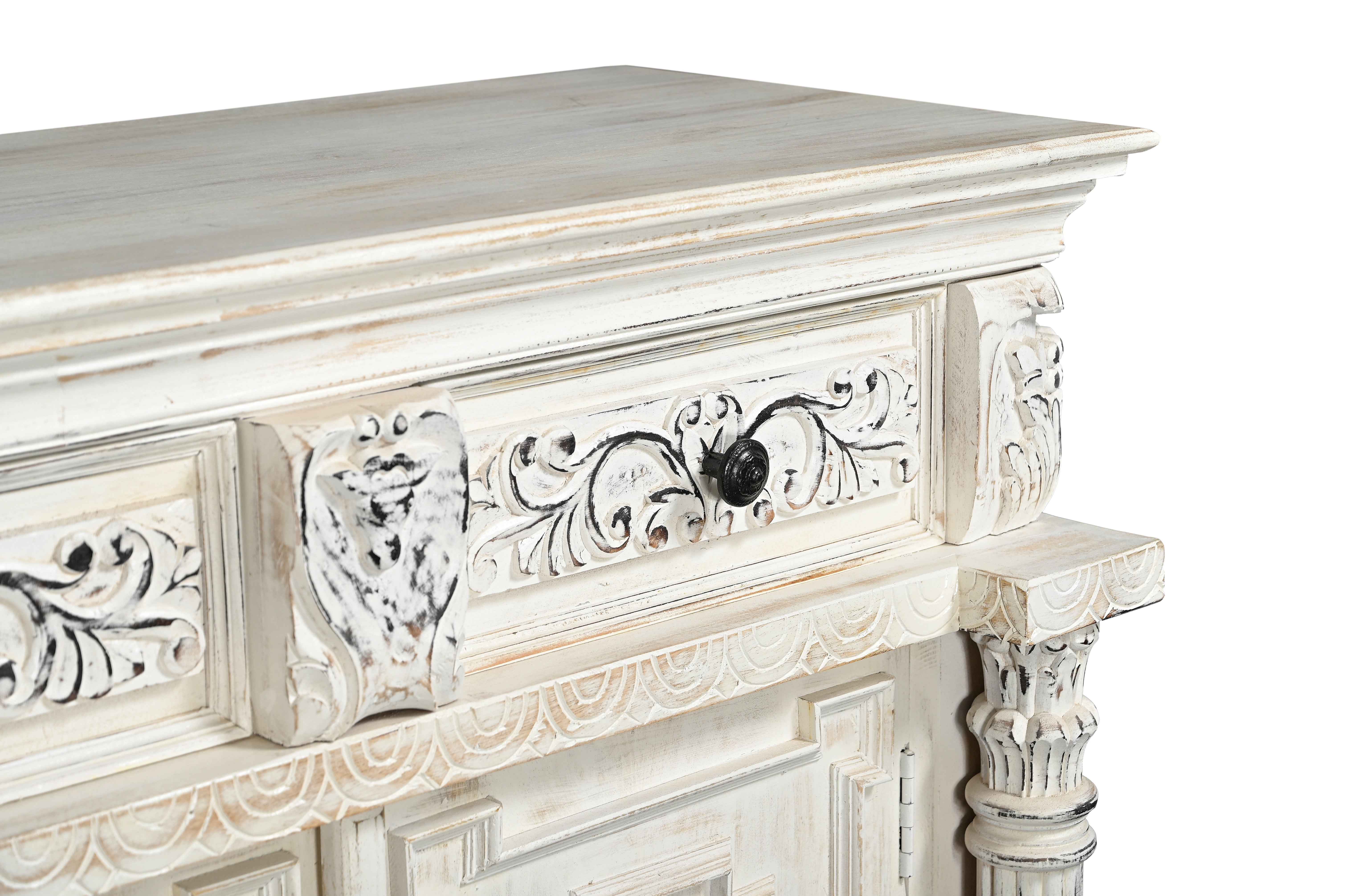 118" White Distressed Solid Wood Carved Floral Six Drawer Sideboard with Six Doors