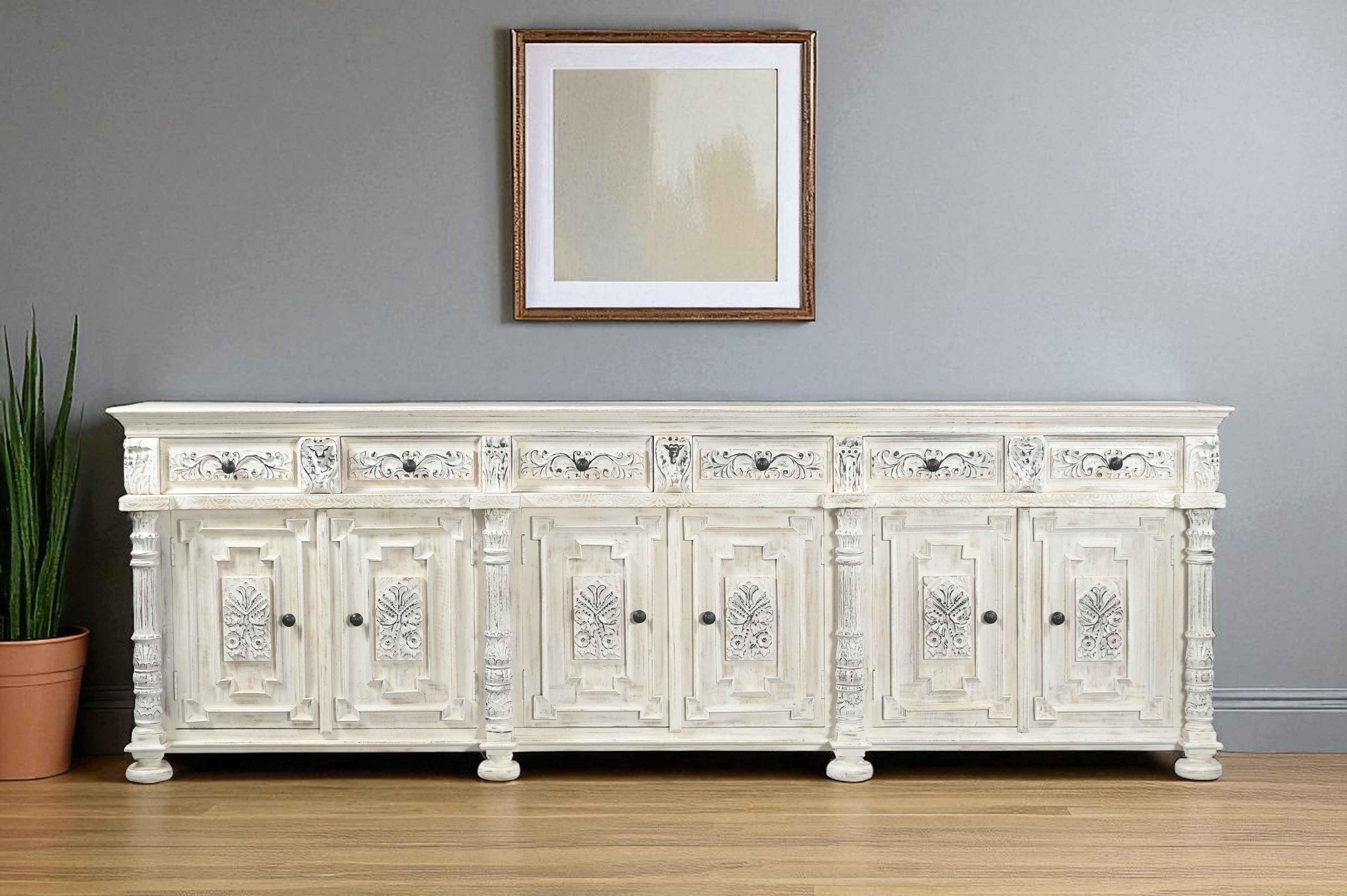 118" White Distressed Solid Wood Carved Floral Six Drawer Sideboard with Six Doors