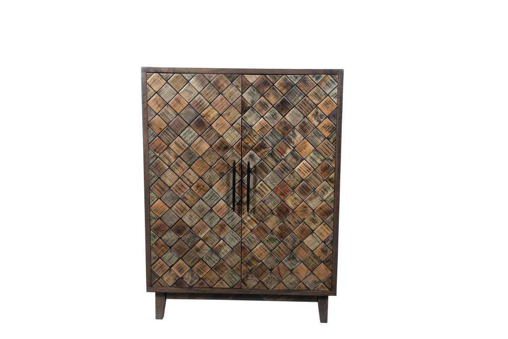 36" Brown Solid Wood Carved Geometric Sideboard with Two Doors