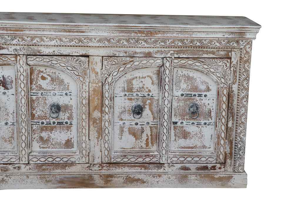 75" White Distressed Solid Wood Carved Floral Sideboard with Four Doors