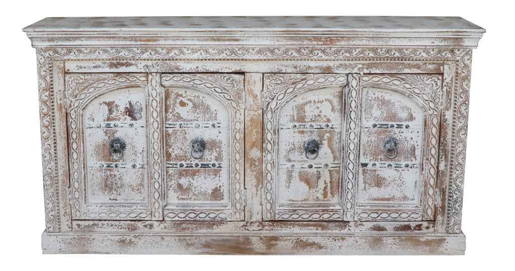 75" White Distressed Solid Wood Carved Floral Sideboard with Four Doors