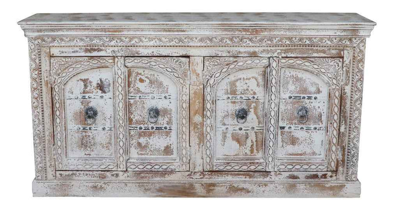 75" White Distressed Solid Wood Carved Floral Sideboard with Four Doors