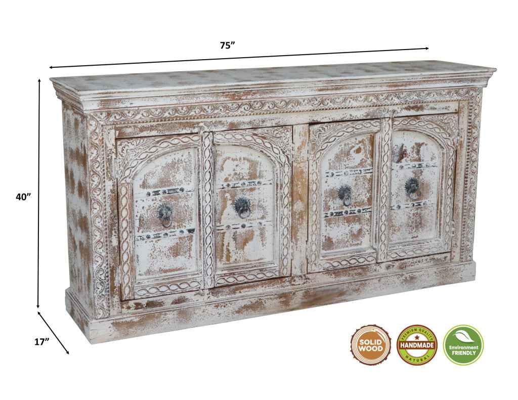 75" White Distressed Solid Wood Carved Floral Sideboard with Four Doors