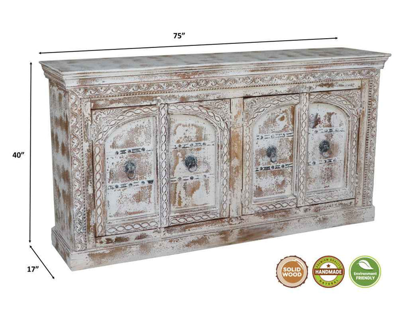 75" White Distressed Solid Wood Carved Floral Sideboard with Four Doors