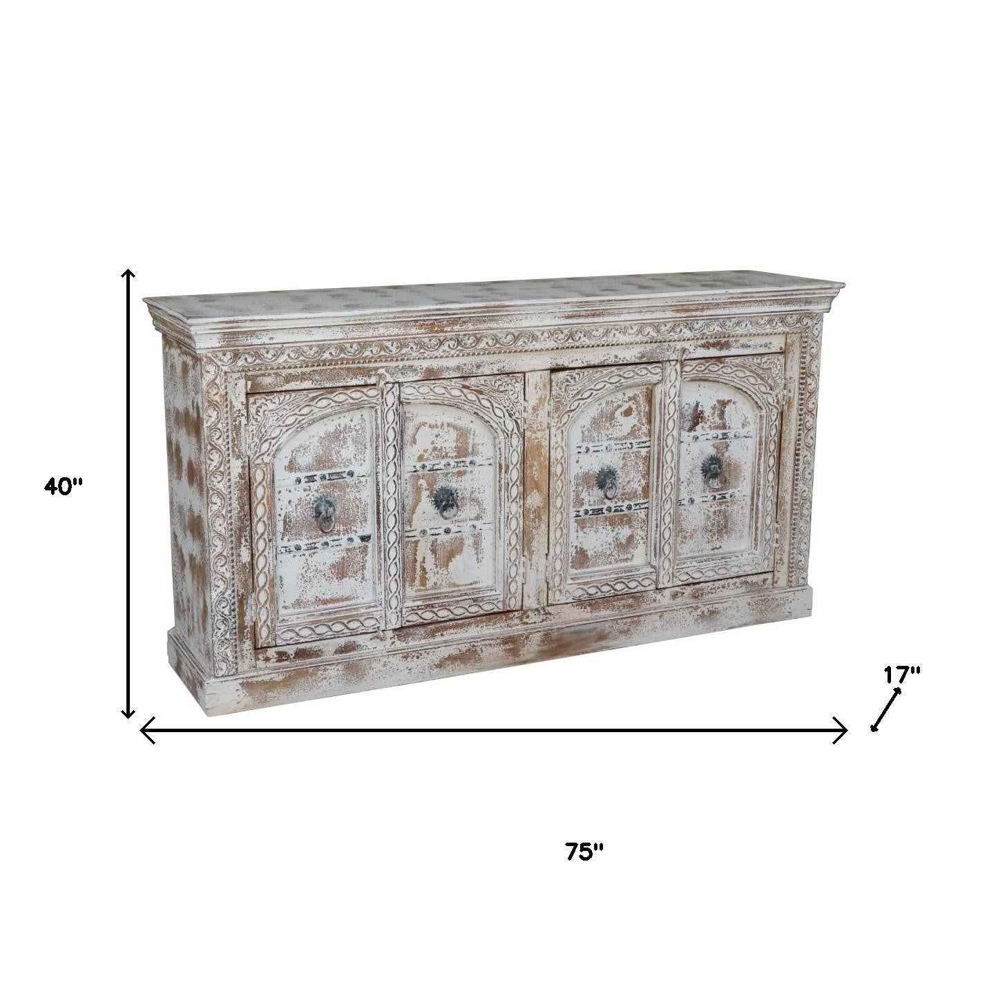 75" White Distressed Solid Wood Carved Floral Sideboard with Four Doors