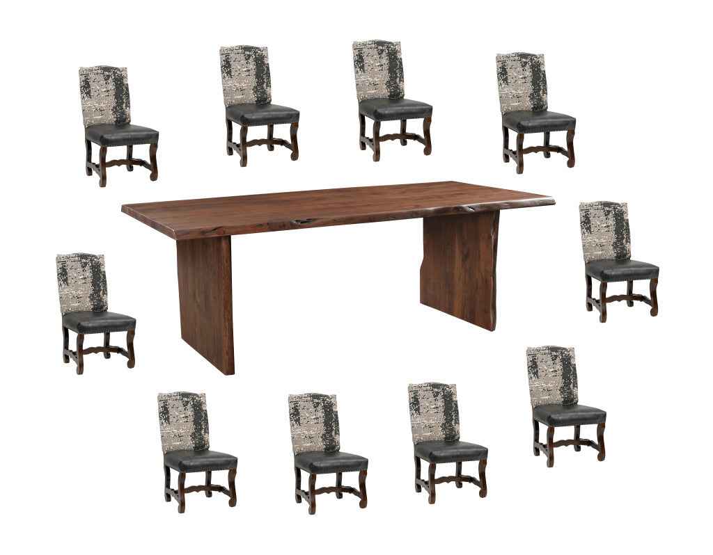 11 Piece Brown Solid Wood Dining Set with 10