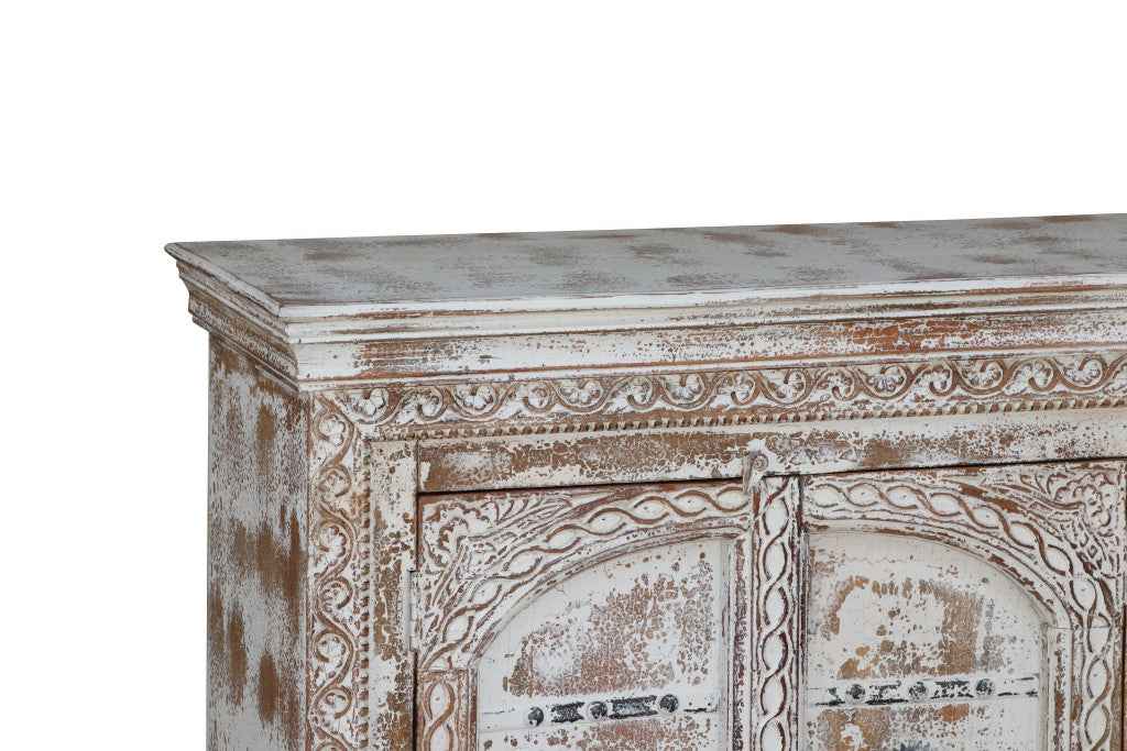 75" White Distressed Solid Wood Carved Floral Sideboard with Four Doors