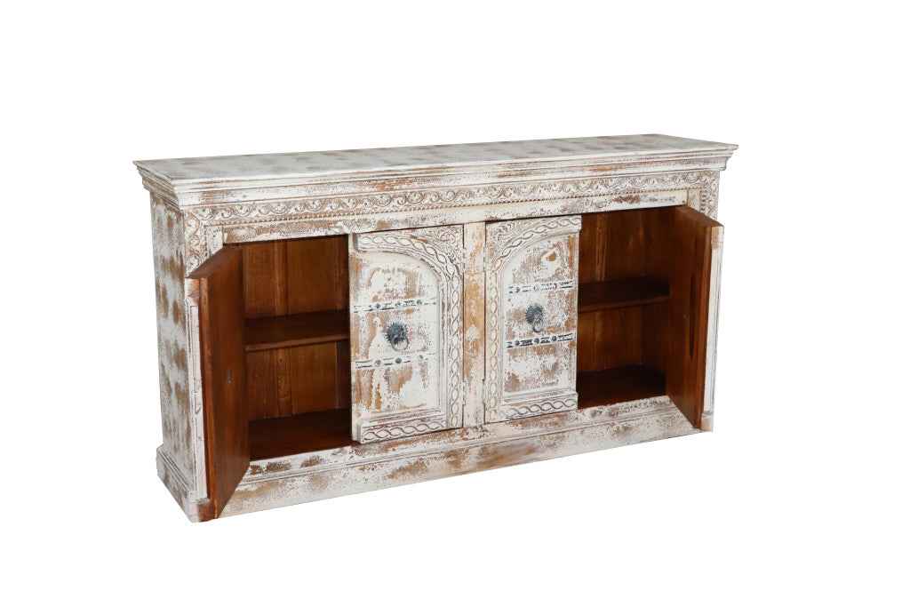 75" White Distressed Solid Wood Carved Floral Sideboard with Four Doors