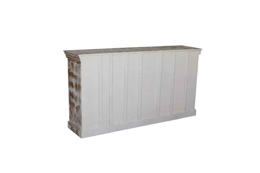 75" White Distressed Solid Wood Carved Floral Sideboard with Four Doors