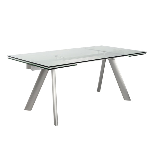 103" Clear and Silver Glass and Steel Self-Storing Leaf Extendable Dining Table - GreatEagleInc