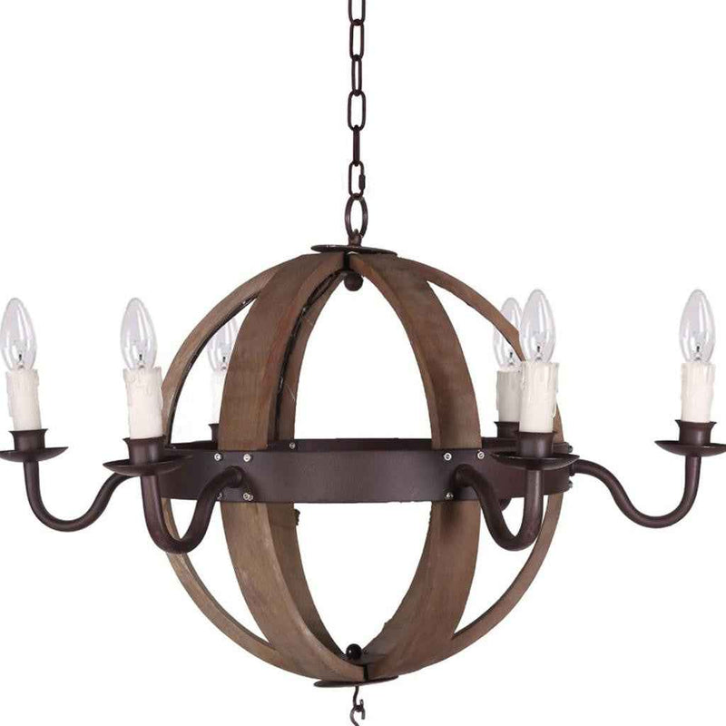 Brown And Black Wood and Metal Sphere Six Light Dimmable Chandelier