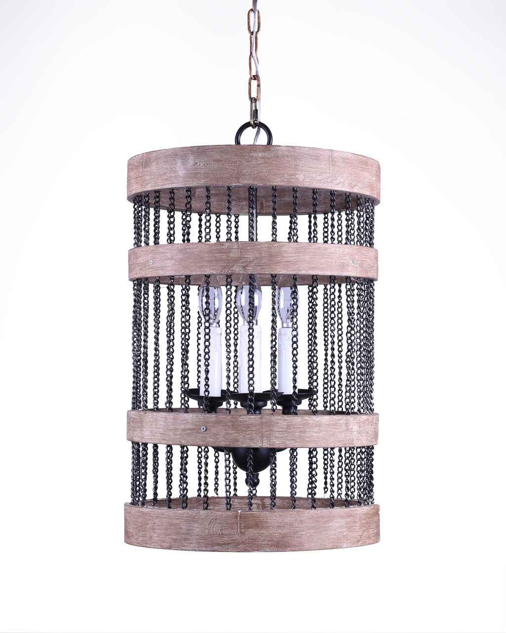 Black And Natural Wood and Metal Cylinder Three Light Dimmable Chandelier