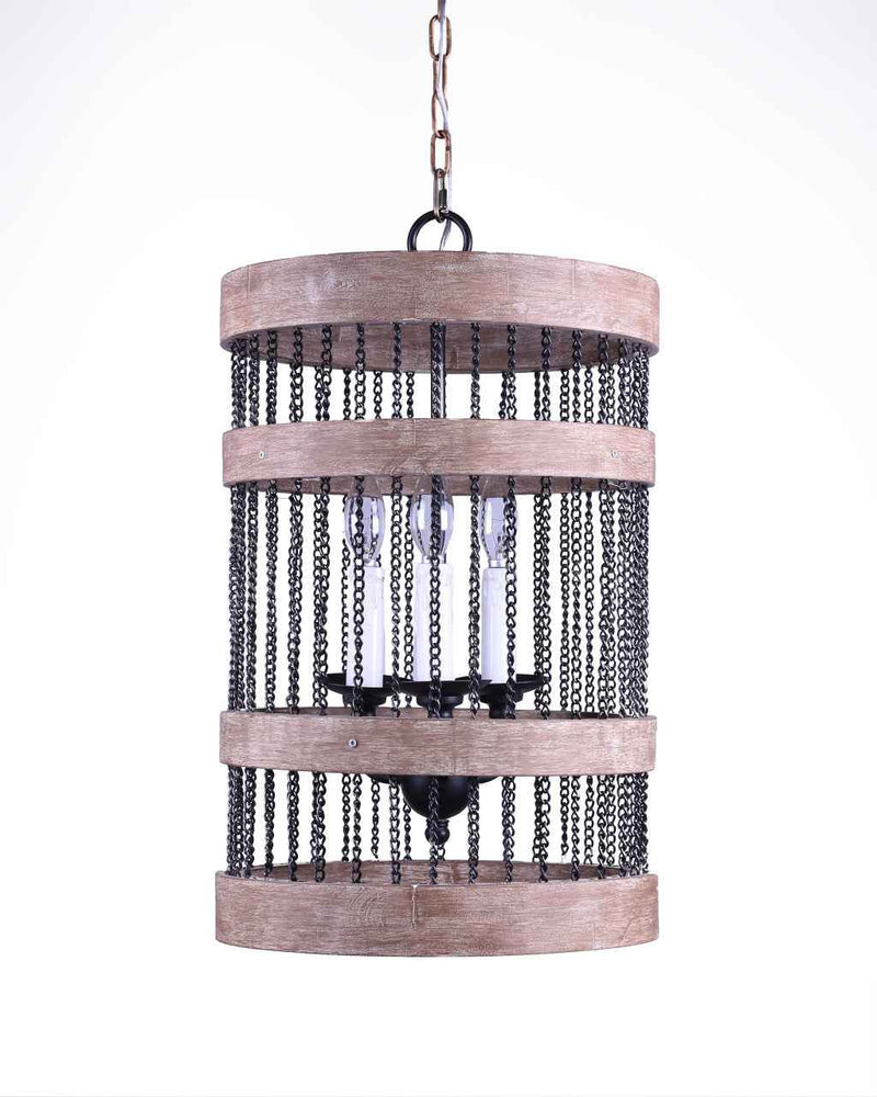 Black And Natural Wood and Metal Cylinder Three Light Dimmable Chandelier