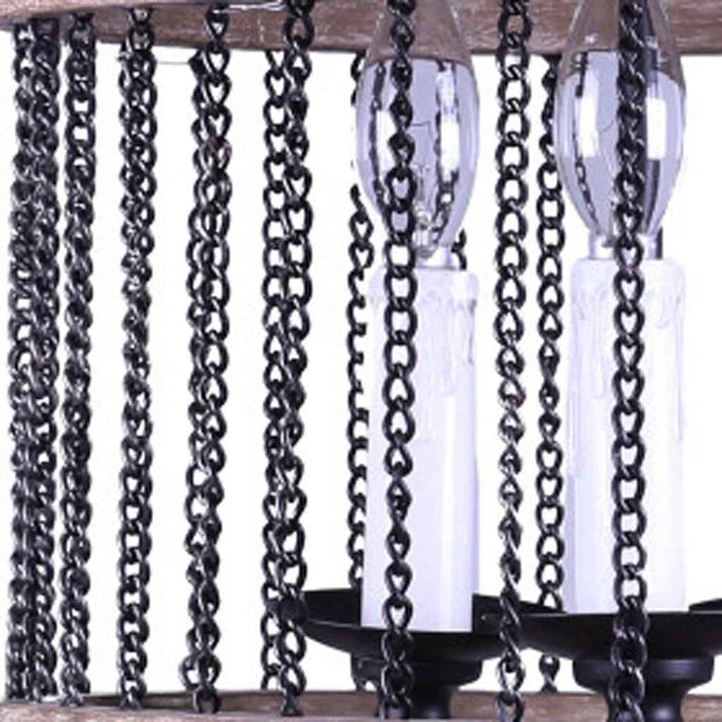 Black And Natural Wood and Metal Cylinder Three Light Dimmable Chandelier