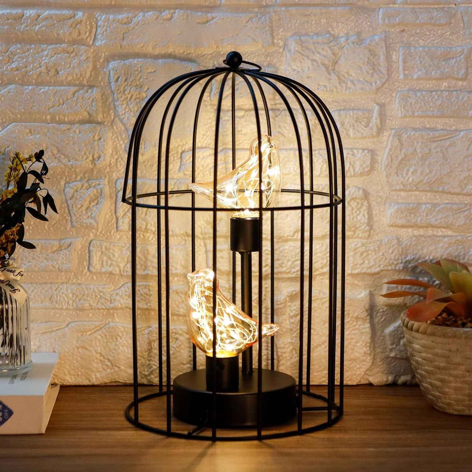 12" Black Battery Operated Round Lamp With Bird Cage Shade