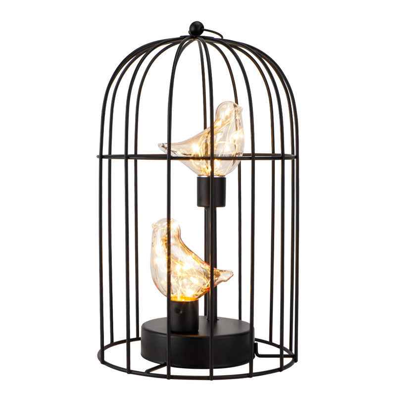 12" Black Battery Operated Round Lamp With Bird Cage Shade