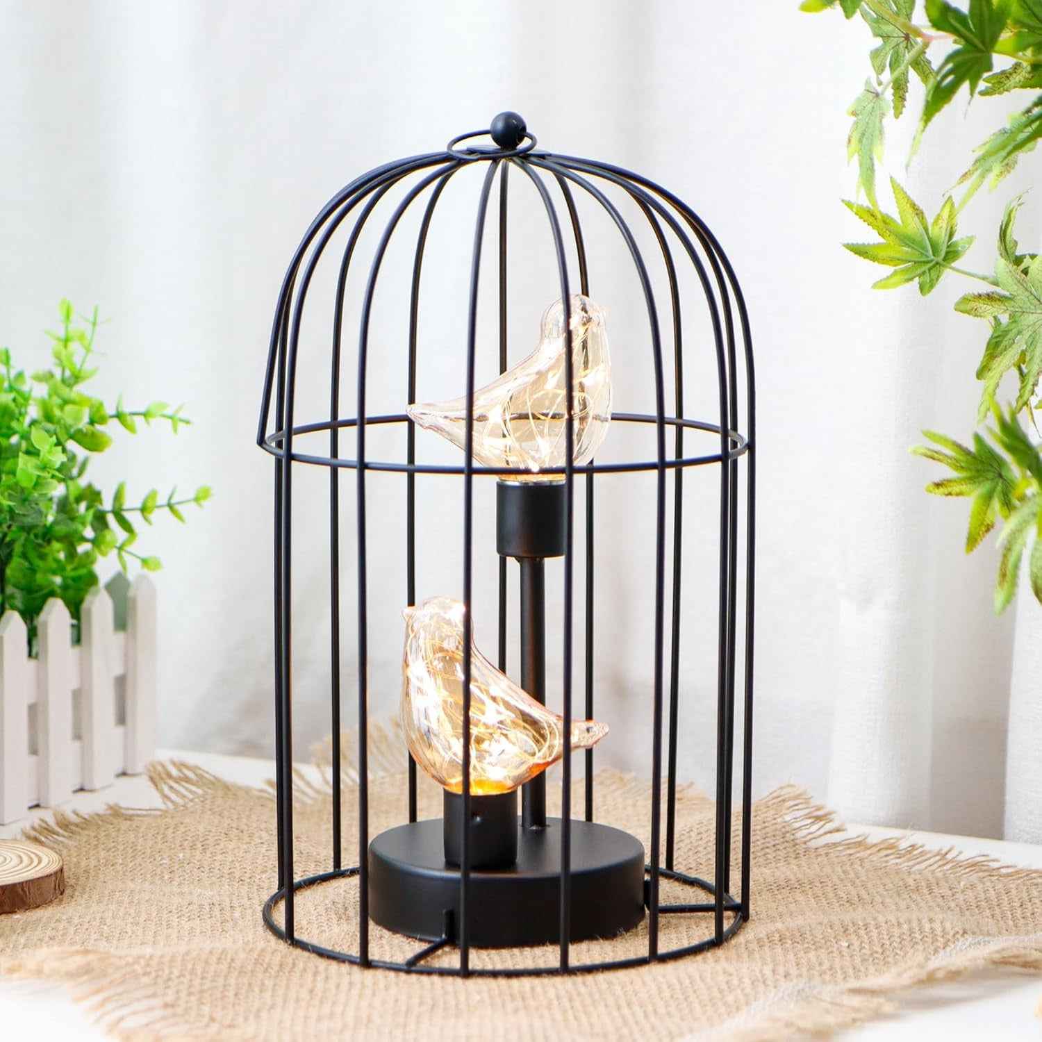 12" Black Battery Operated Round Lamp With Bird Cage Shade