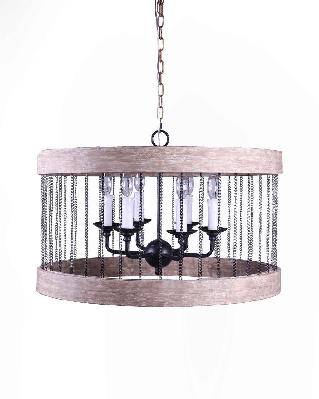 Black And Natural Wood and Metal Cylinder Six Light Dimmable Chandelier