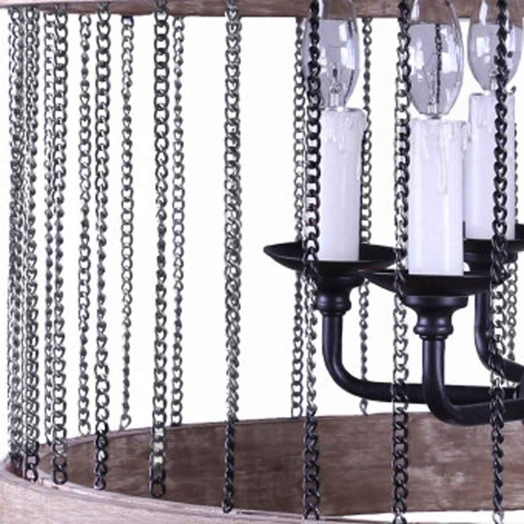 Black And Natural Wood and Metal Cylinder Six Light Dimmable Chandelier